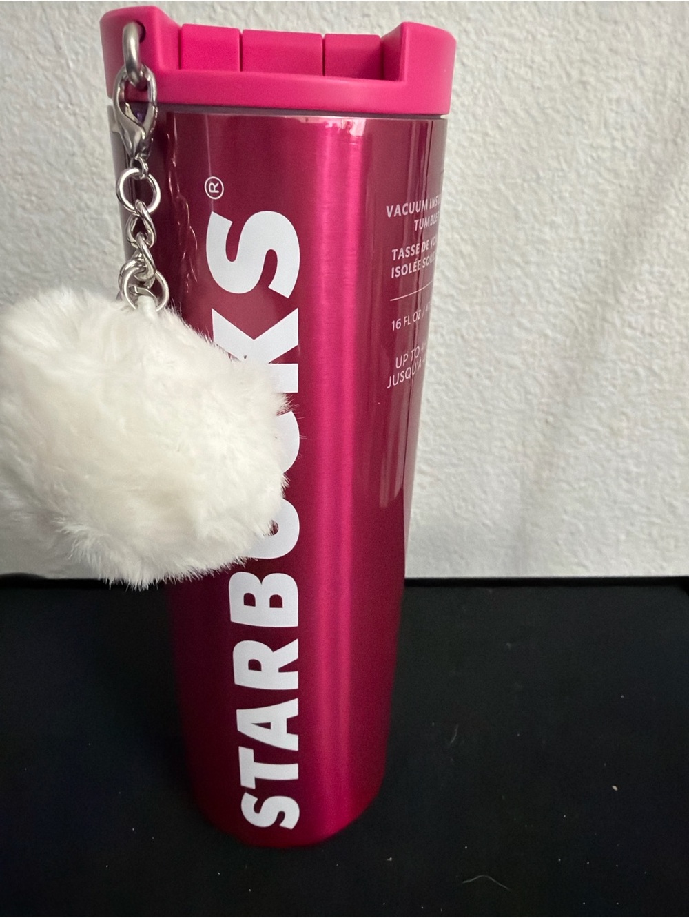 Starbucks Hot Pink Metallic Tumbler with White Pom Charm 16oz